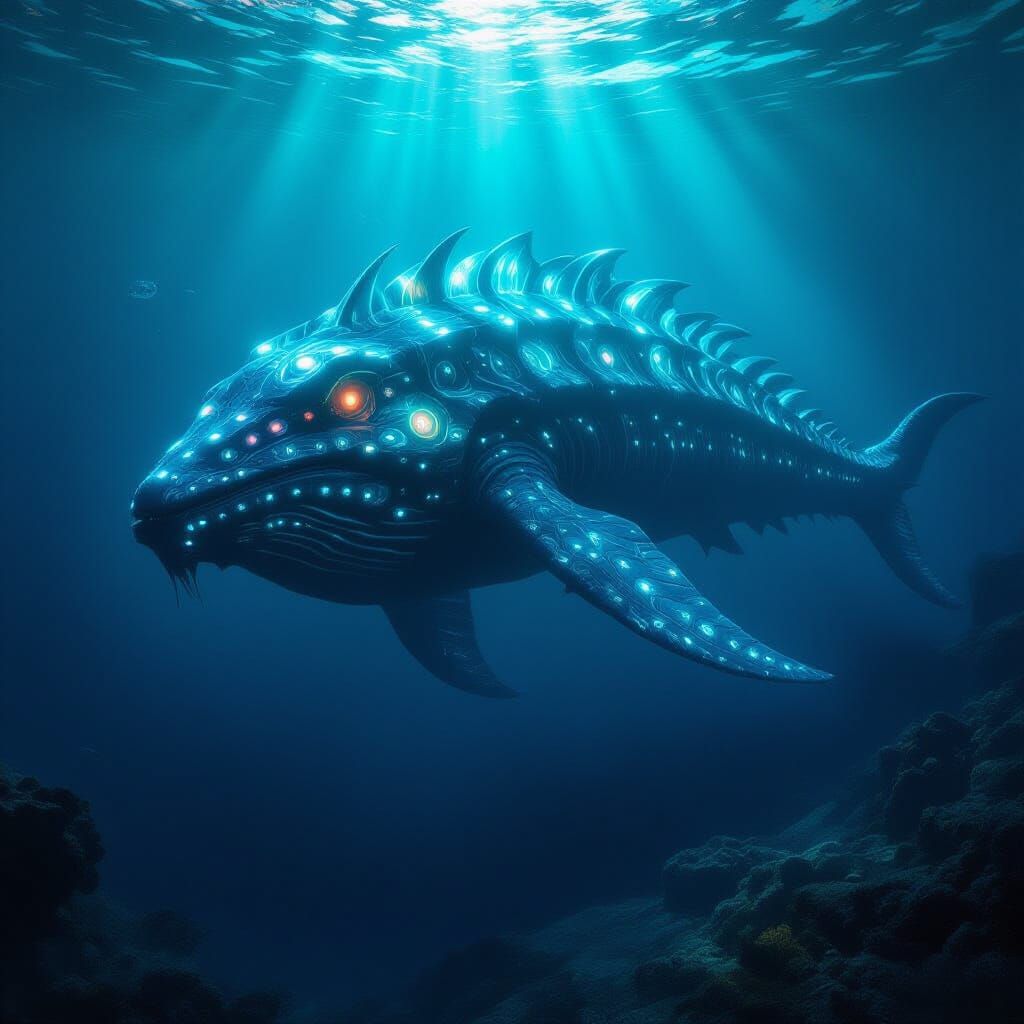 Giant Bioluminescent Sea Creature in Deep Ocean Abyss