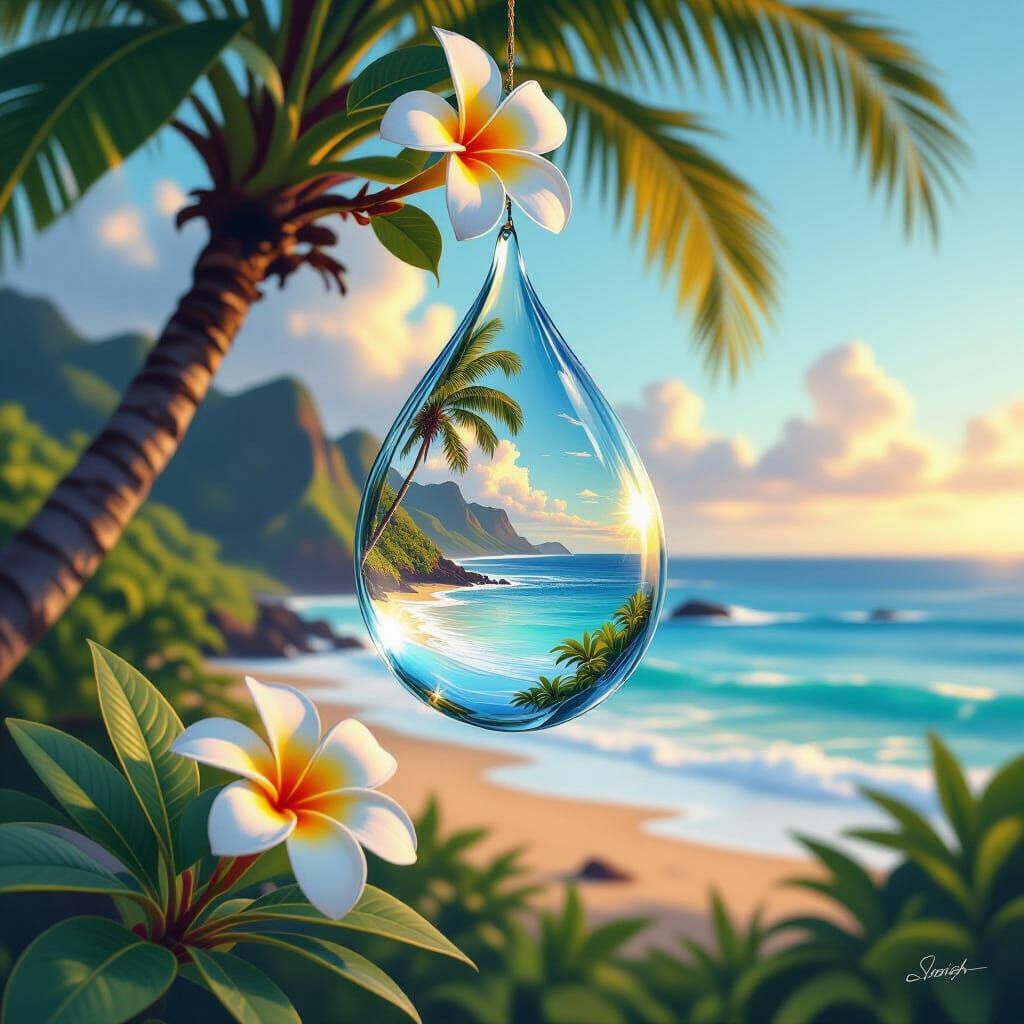 Kauai Coastline Mirrored in Dewdrop, Dreamy Digital Art