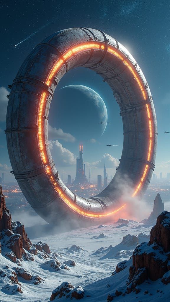 Colossal Futuristic Ring Over Alien Cityscape
