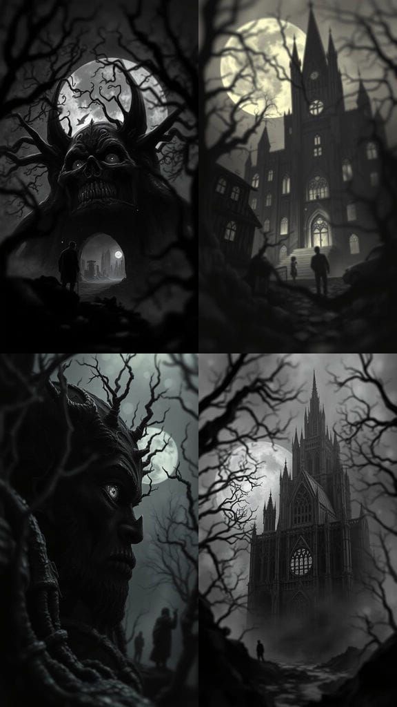 Ominous Monochromatic Scene with Ghastly Figures