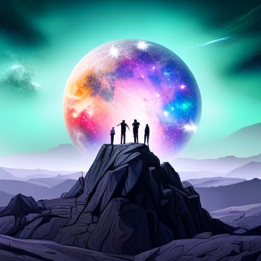 People on Mountain Under Neon Galaxy Sky