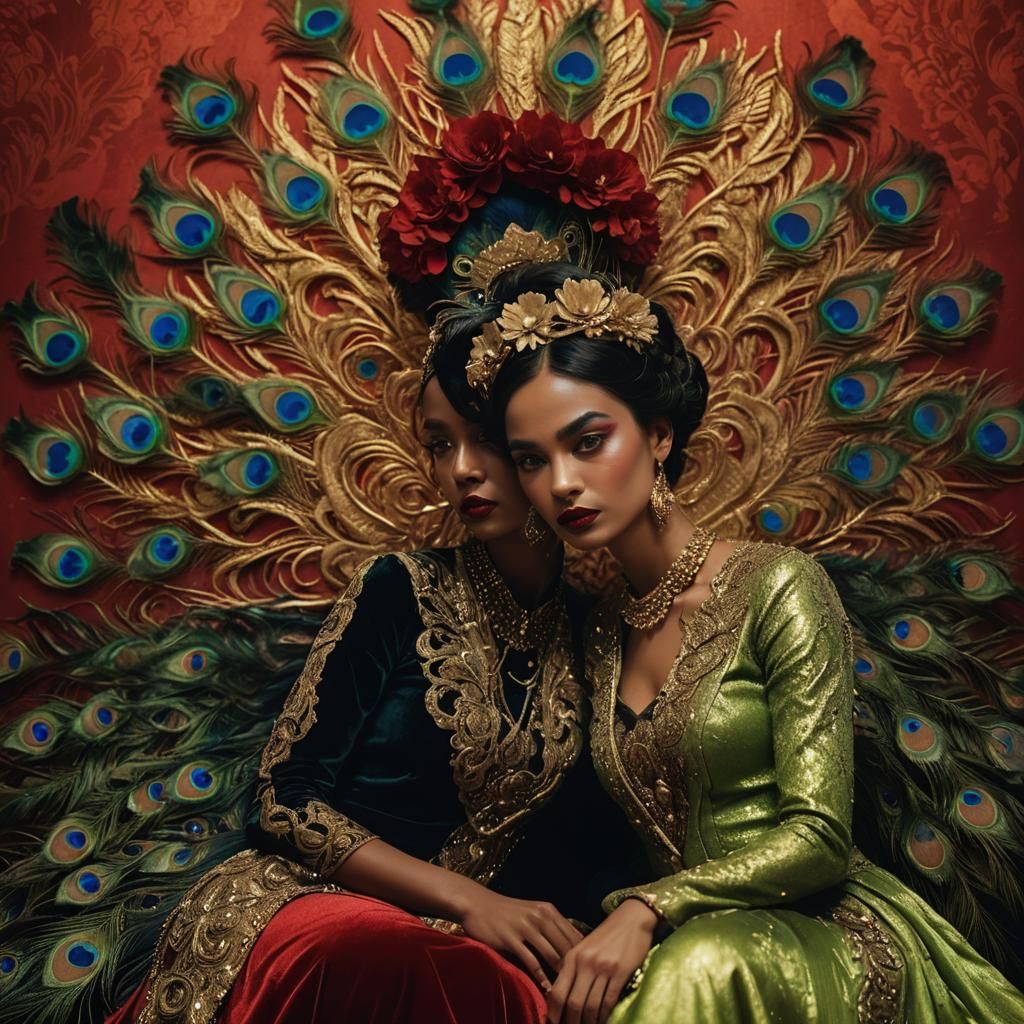 Metallic Woman with Peacock Hair: Cinematic Portrait