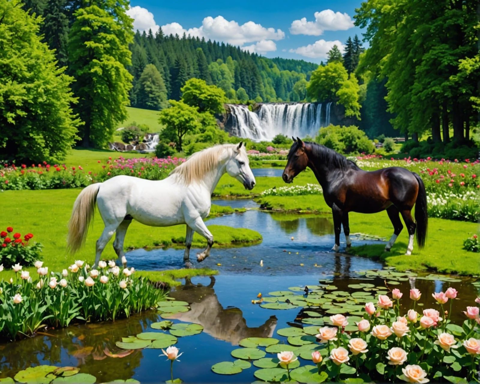 Lush Landscape with Stallions, Water Lilies, and Koi