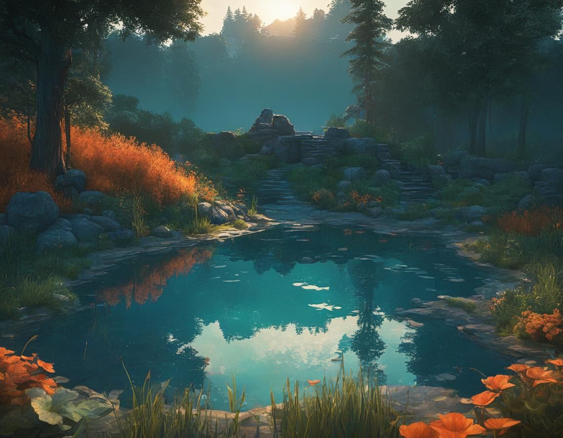 sunset over a still pond.