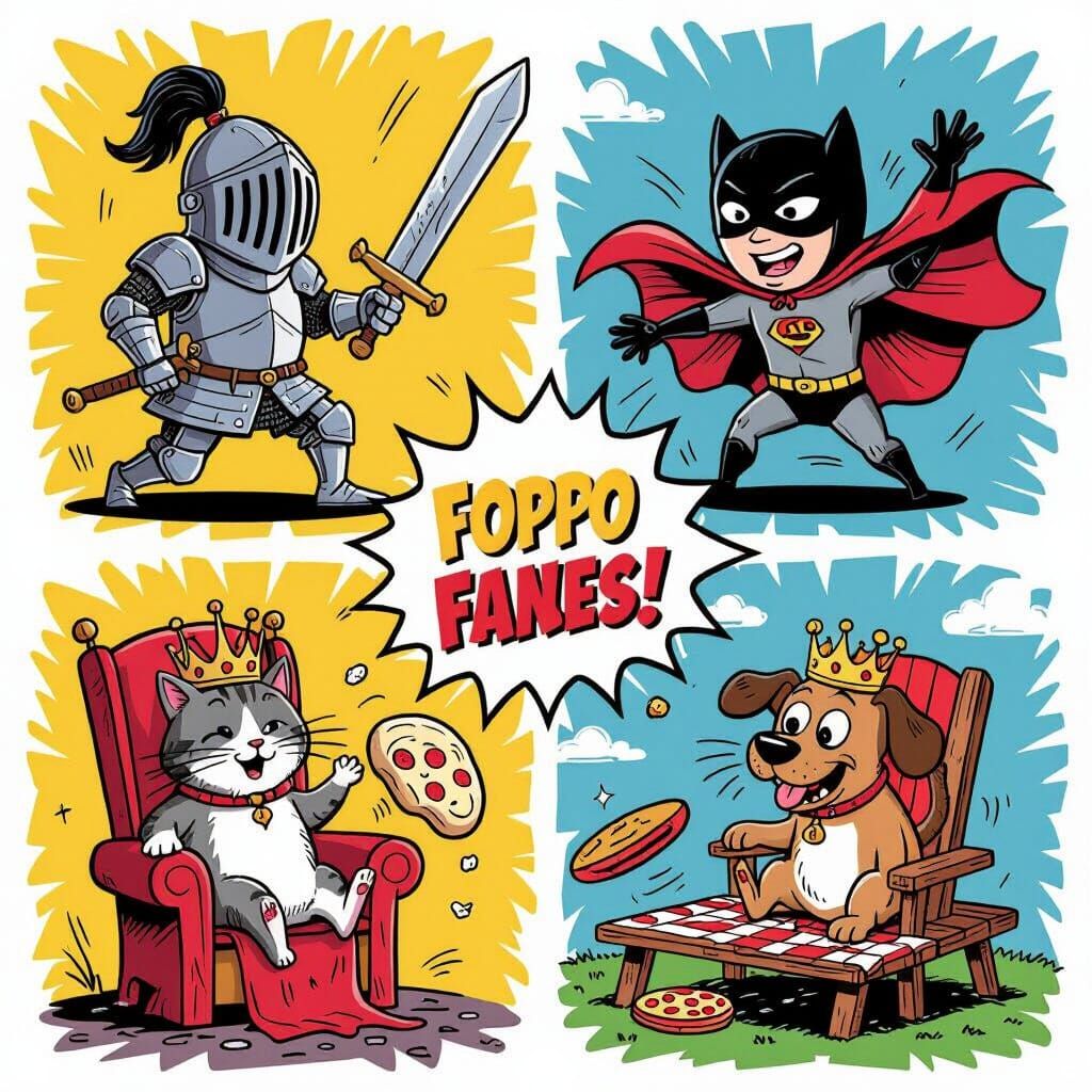 Funny Cartoon Collage: Knight Trips, Cat Falls, Dog Crashes