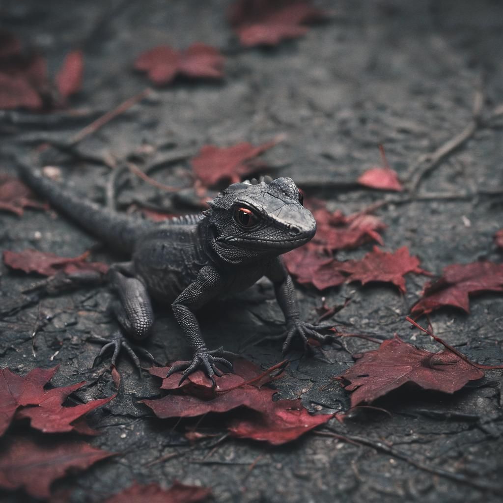 Gothic Horror: Baby Lizard in Crimson Leaves