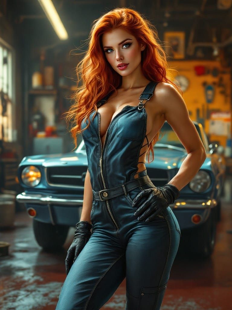 Redhead Pinup in Auto Repair Shop: Hyperrealistic Digital Ar...