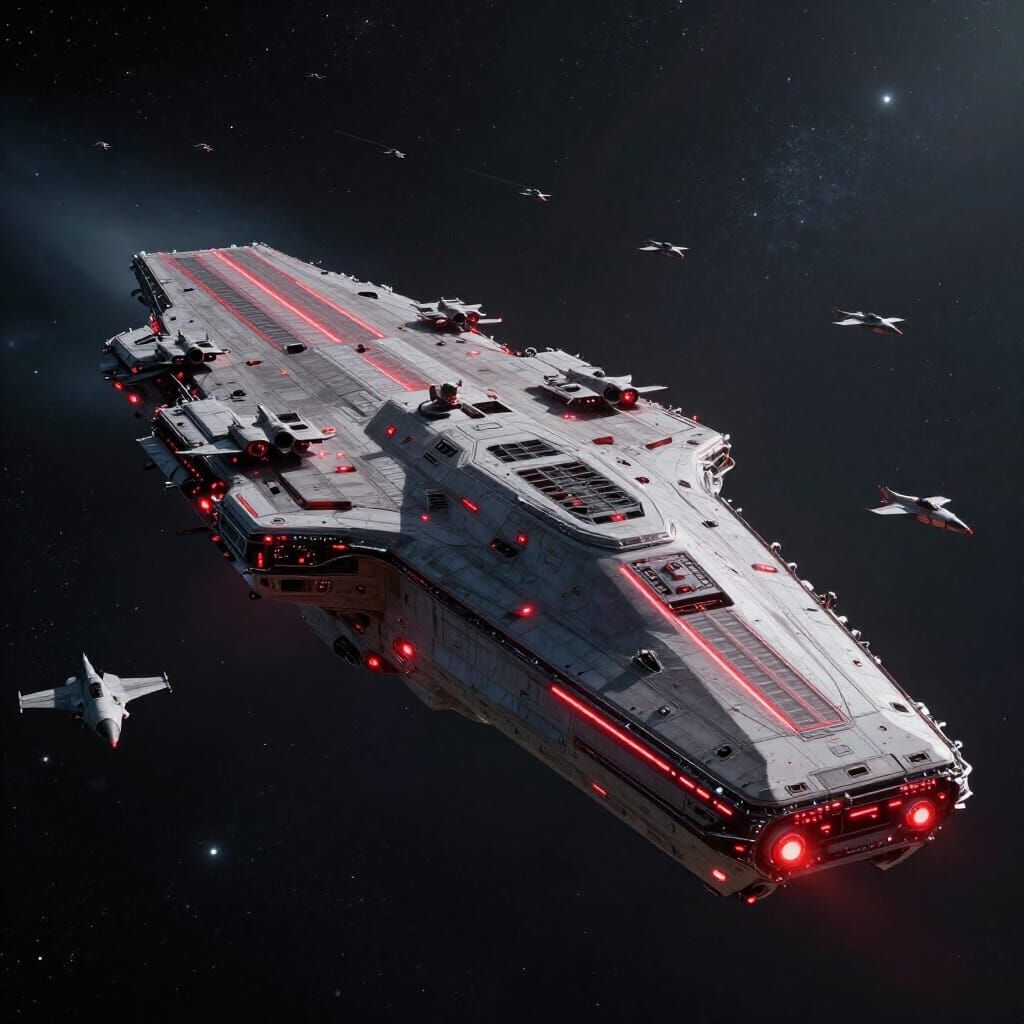 Colossal Futuristic Carrier in Deep Space with Red Runway Li...