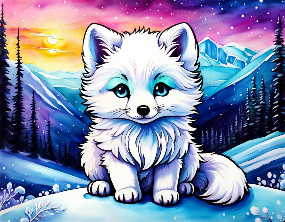 Hyperdetailed Chibi Arctic Fox in Alcohol Inks