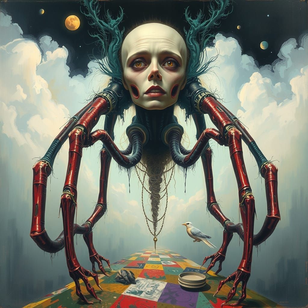 Ethereal Biomechanical Figure in Dreamlike Landscape