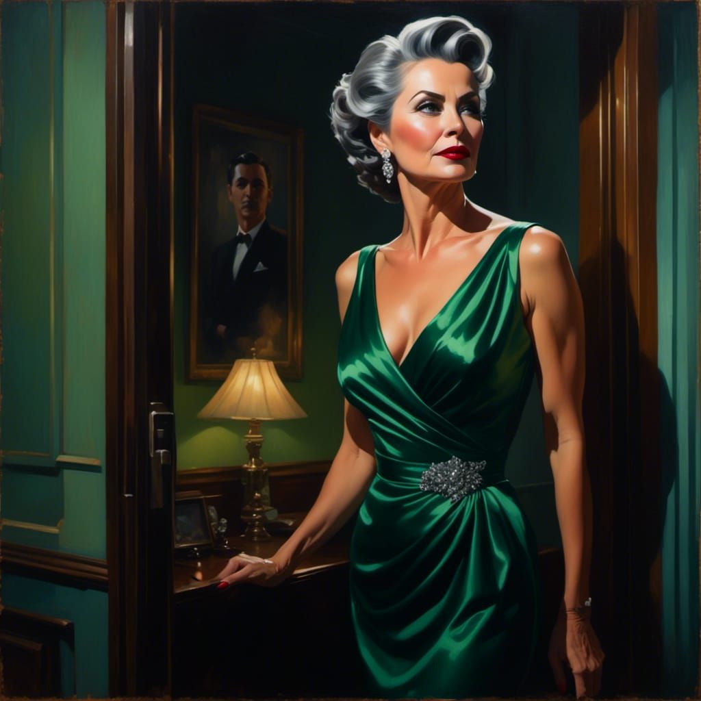 Elegant Woman in Green Gown, Film Noir Impressionism
