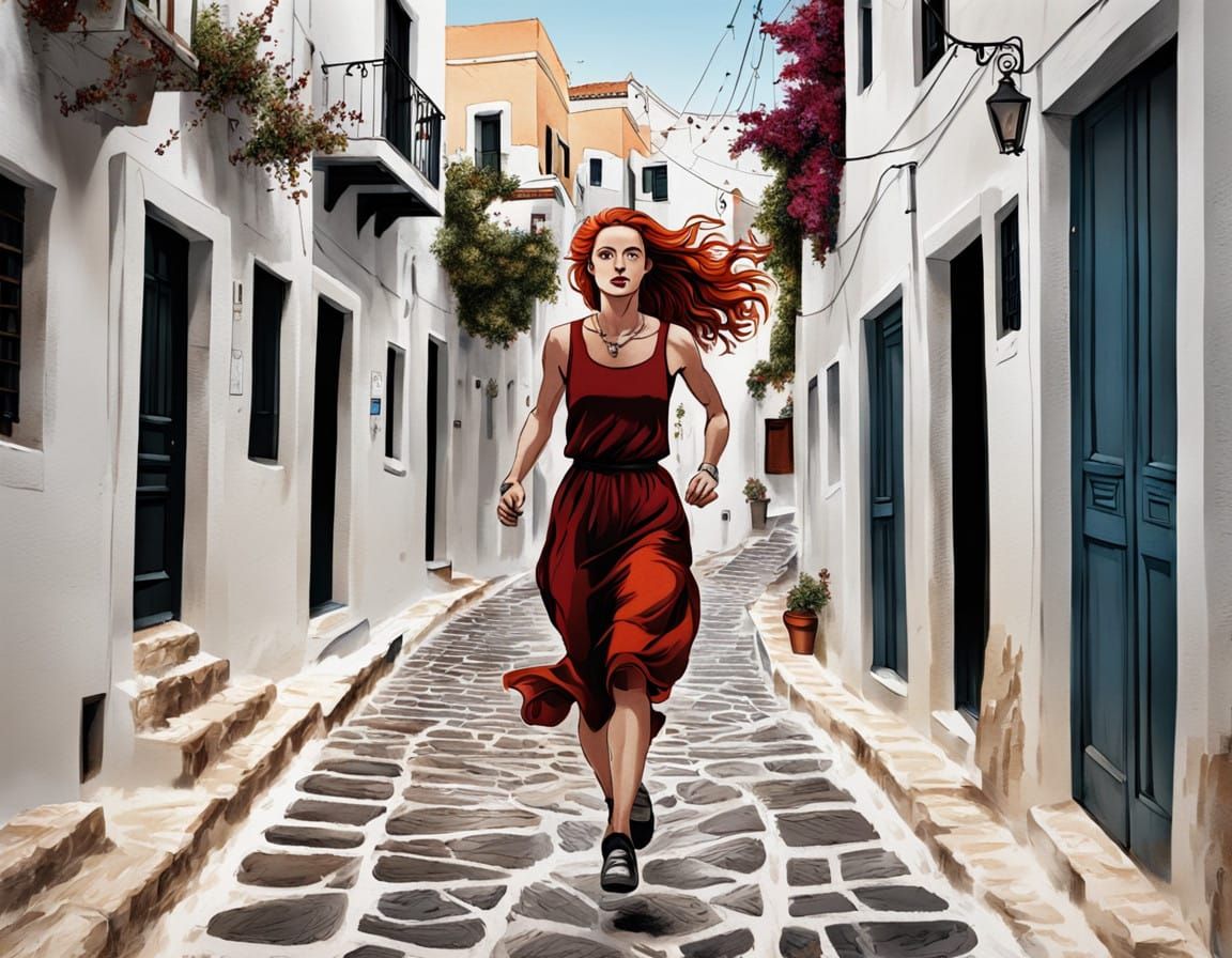 Greek Goddess in Motion, Ink and Watercolor Style