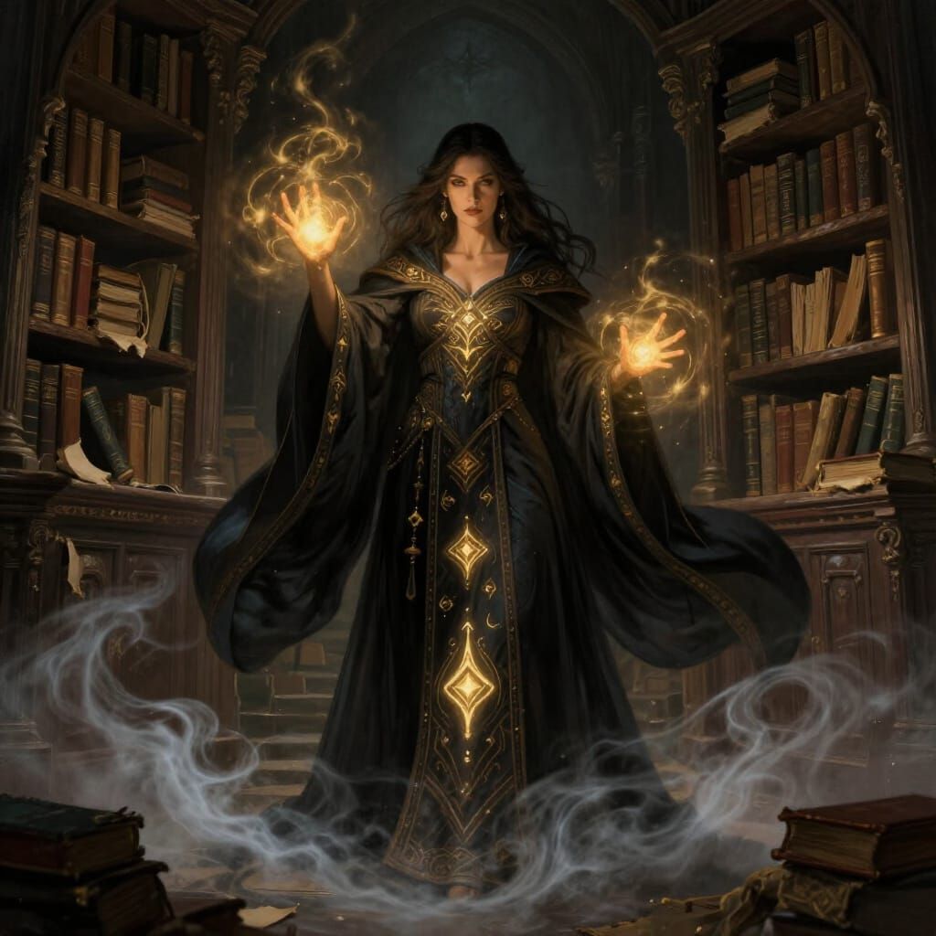 Female Sorceress Conjuring Magic in Ancient Library