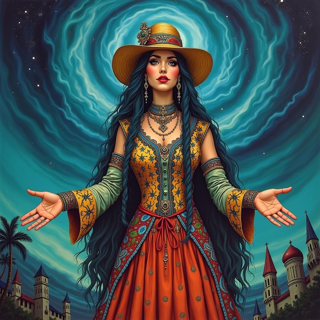 Mystical Gypsy Fortune Teller in Tornado, Folk Art