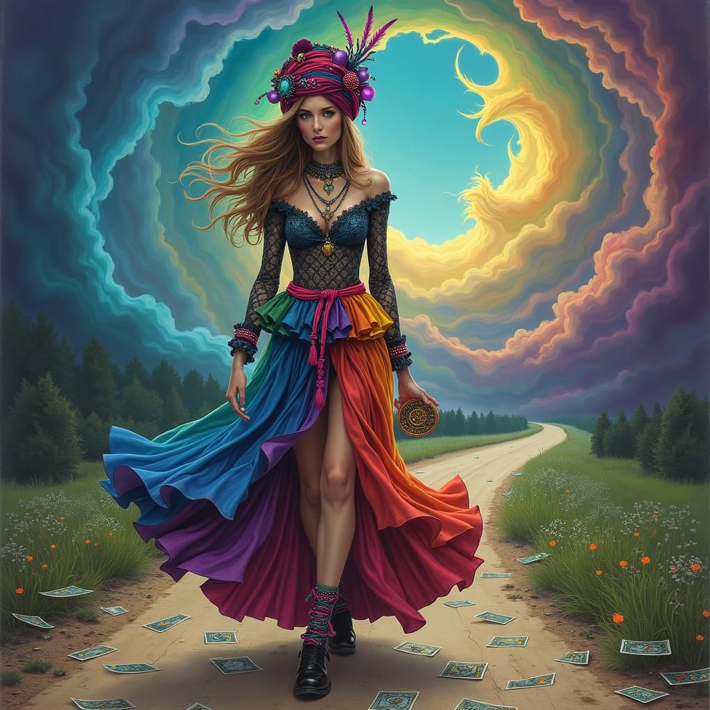 Mystical Gypsy Fortune Teller in Dreamlike Tornado