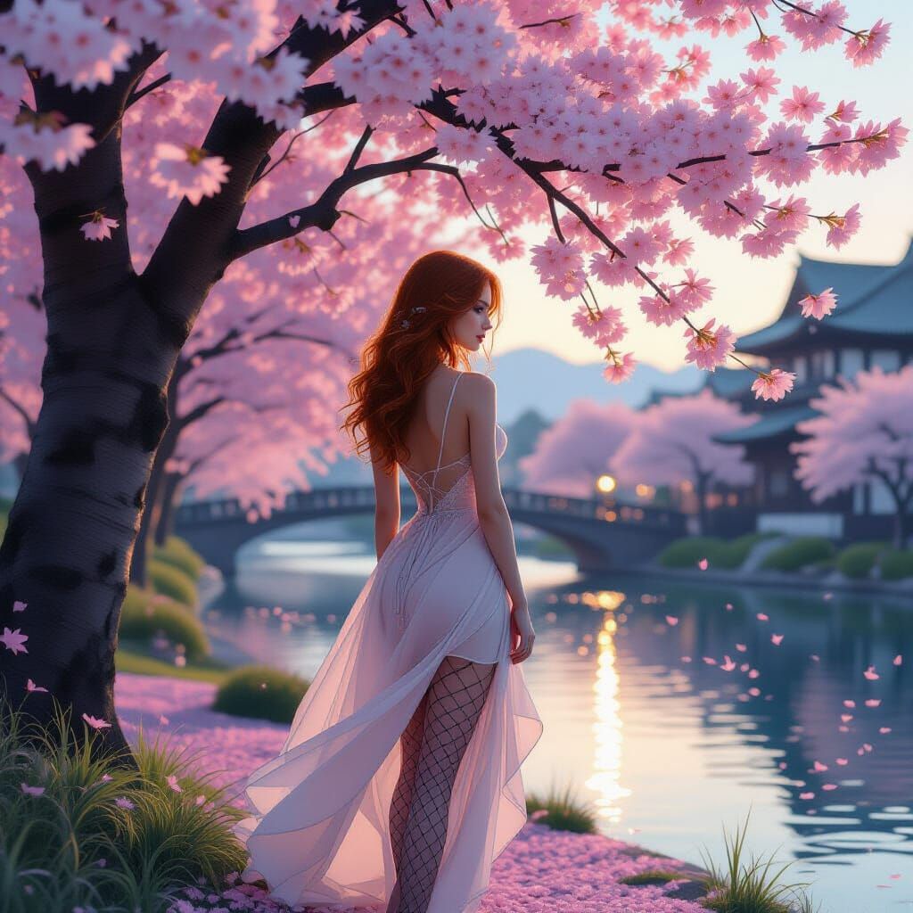 Solitary Figure in Twilight Under Sakura Tree