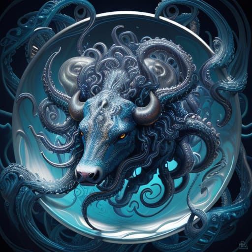 Ethereal Surrealism: Immense Cow Leads Wolves with Glowing T...