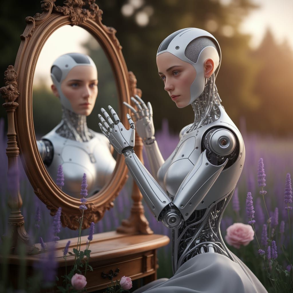 AI Robot Woman Poses by Mirror in Golden Hour Light