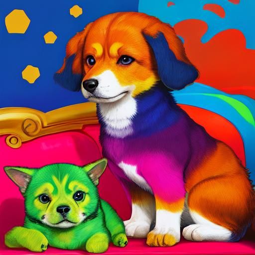 Cute Dog on Colorful Couch in Comic Book Art