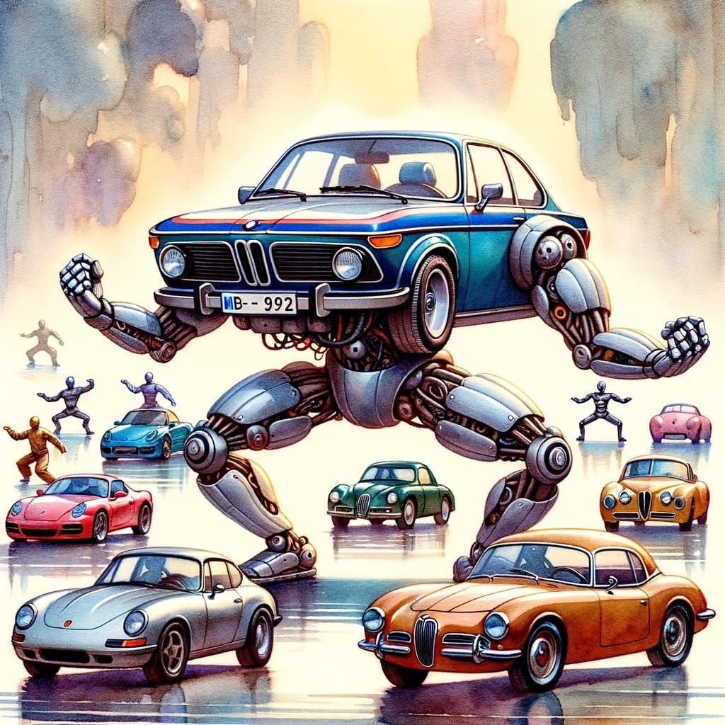 Anthropomorphic Cars Practice Tai Chi in Watercolor