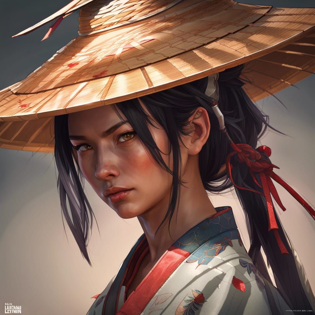 Female Samurai Portrait with Straw Hat in Hyperdetailed Styl...