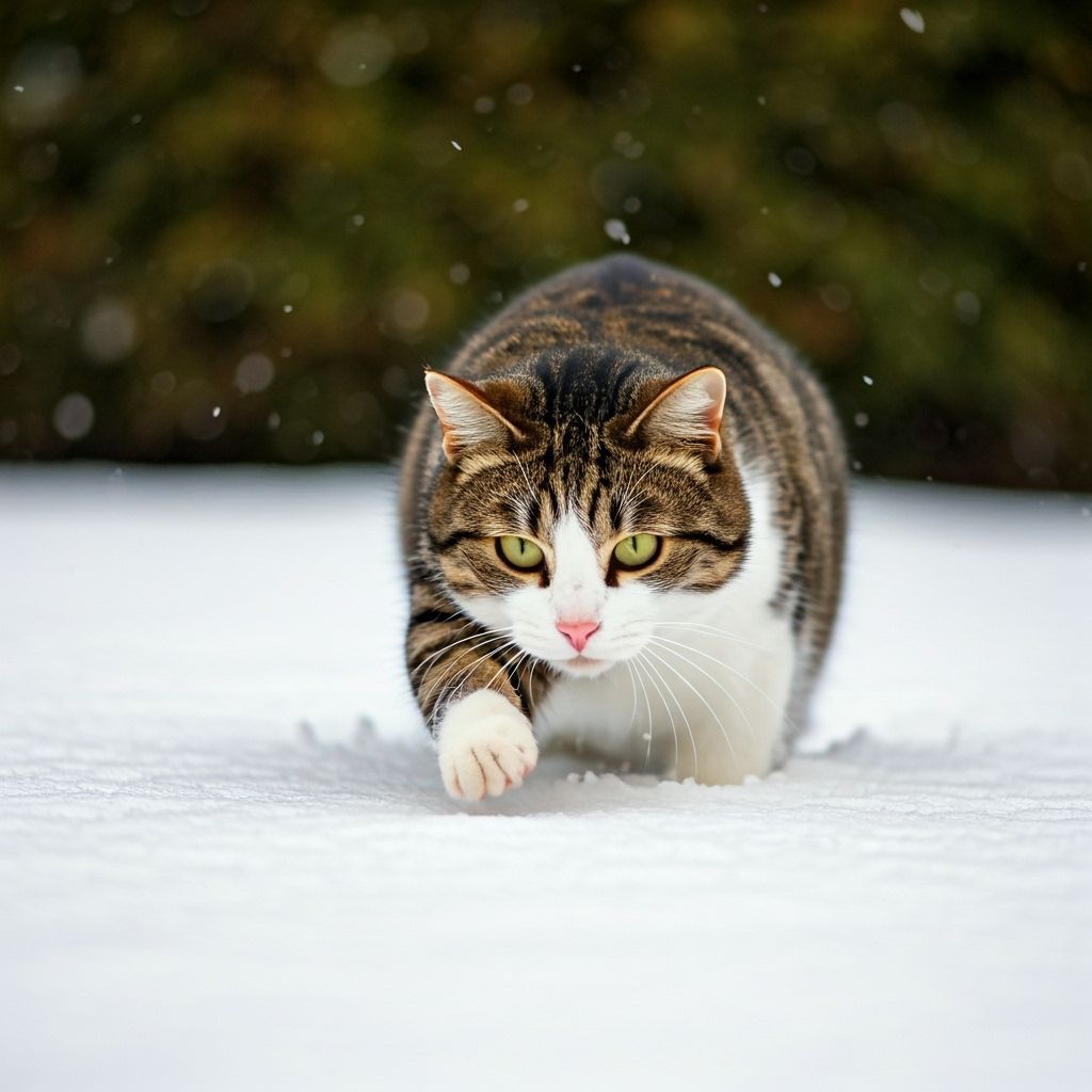 Tabby Cat Navigates Deep Snow in Wintry Garden