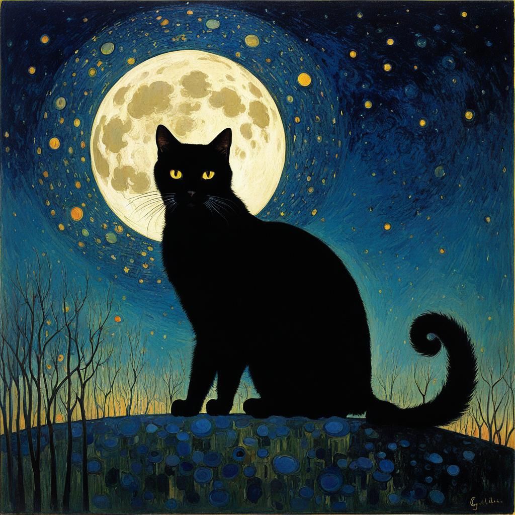 Black Cat Silhouette in Klimt Style