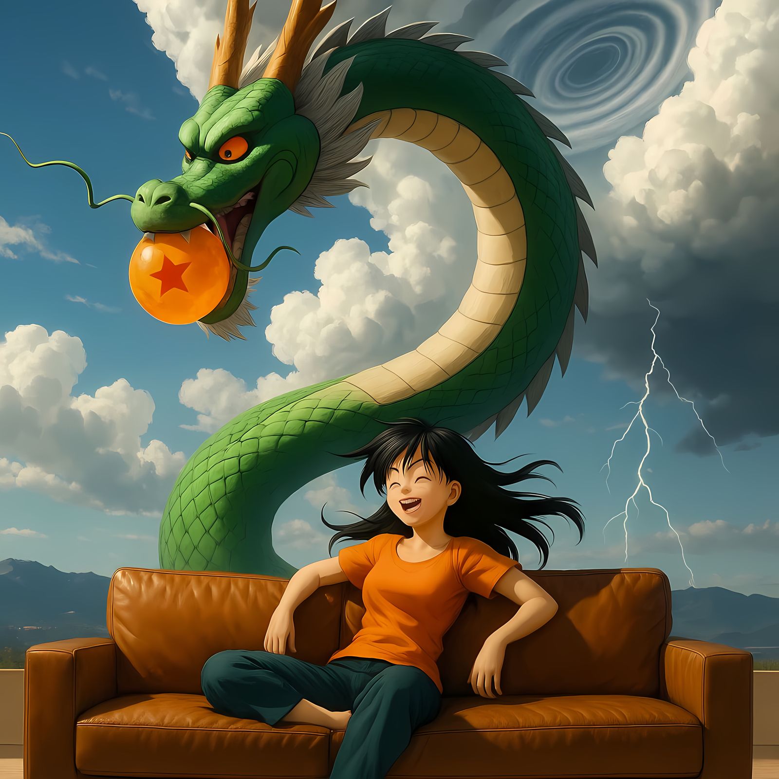 Anime Woman with Shenron in Dragon Ball Z Style
