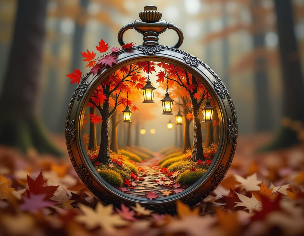 Miniature Autumn Forest Inside Pocket Watch