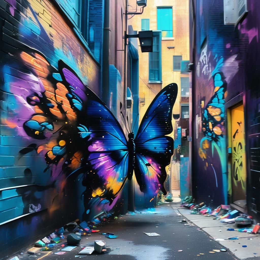 Butterfly Street Art in Cyberpunk Style