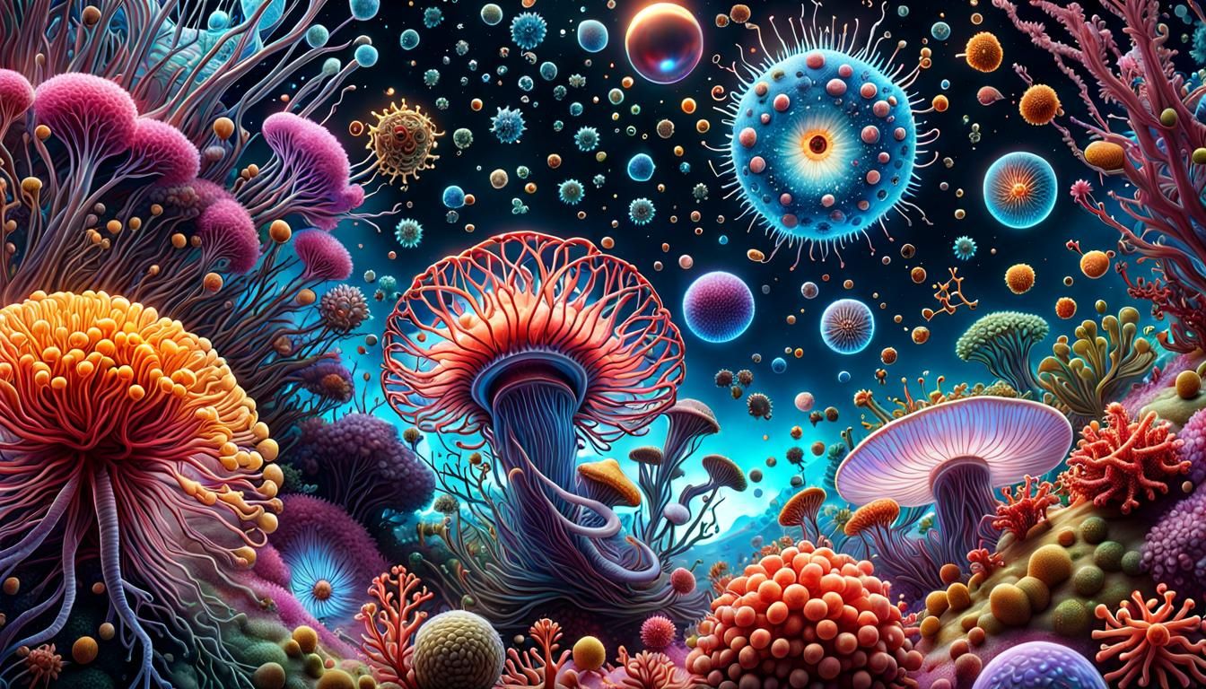 Microscopic Cosmos: Bioluminescent Astral Illustration