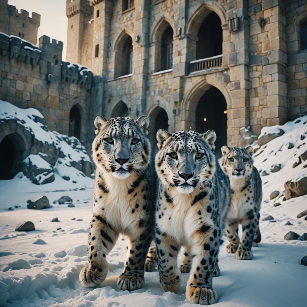 Snow Leopards Emerge from Ice Castle in Cinematic Style