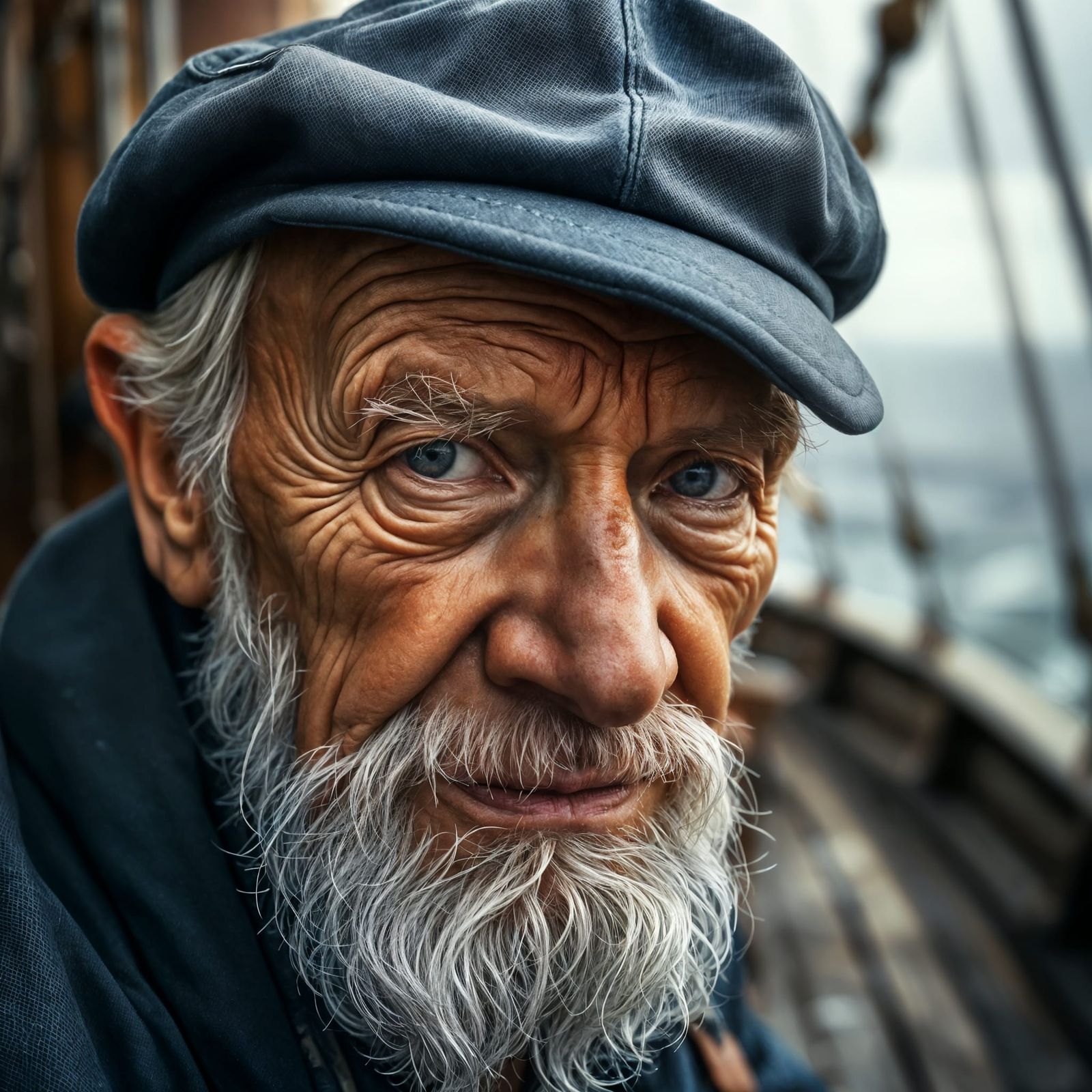 Grizzled Sailor against Weathered Sailing Vessel in Warm Eth...