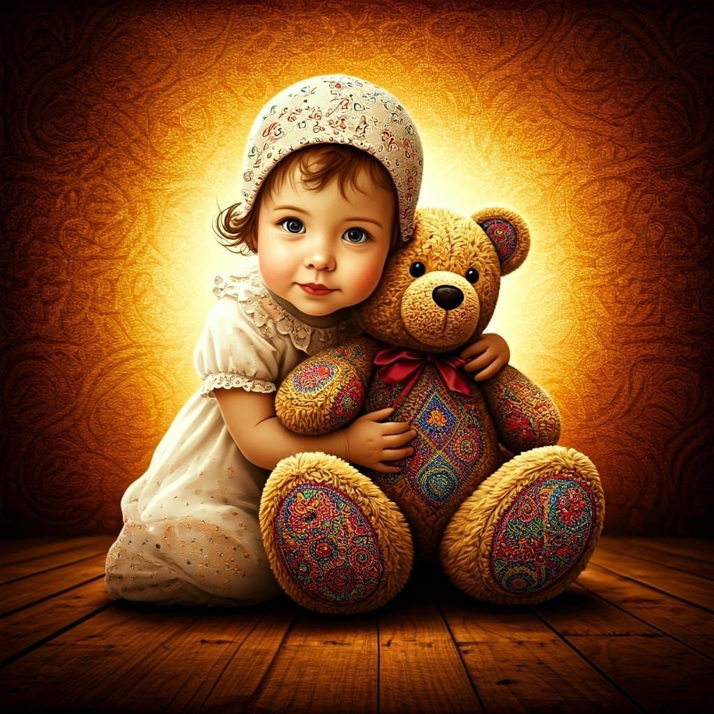 Baby Girl with Teddy Bear Illustration