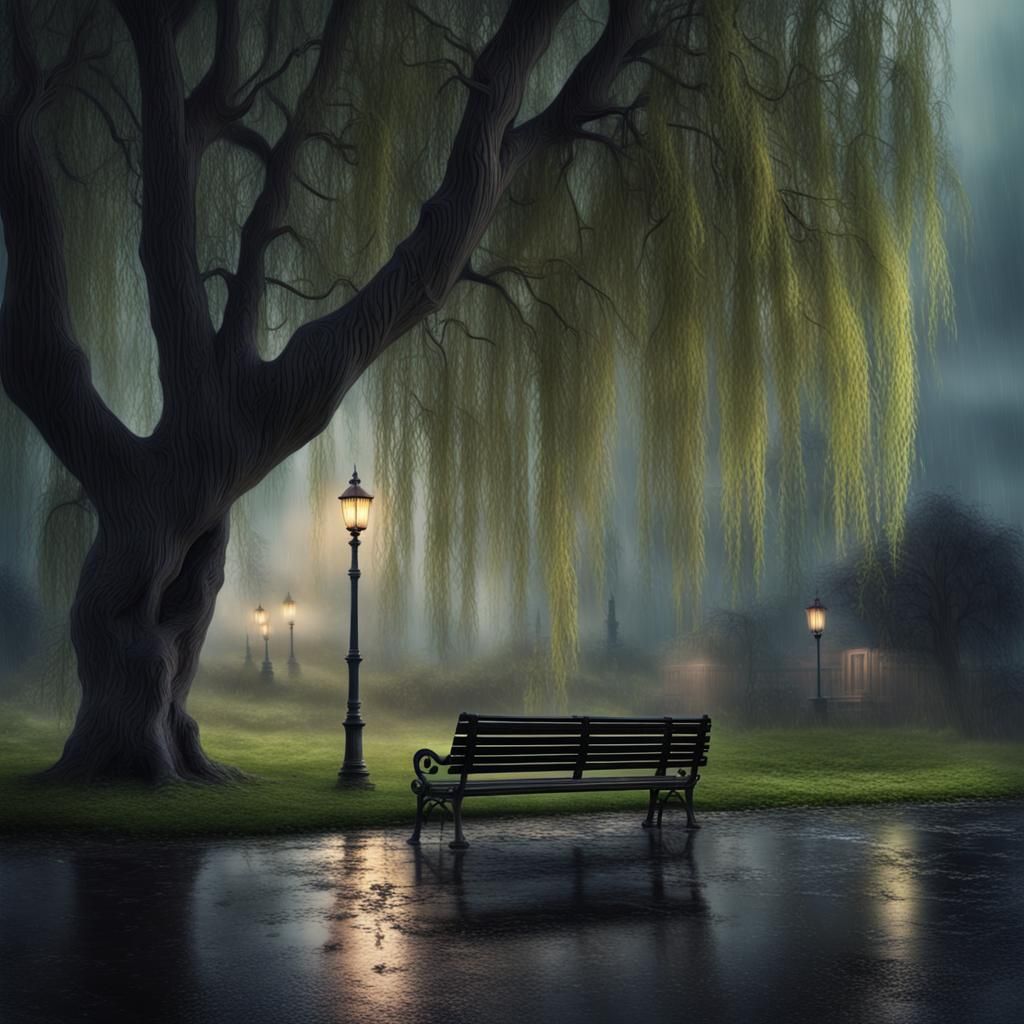 Gloomy Rainy Evening Storm in Dark Park
