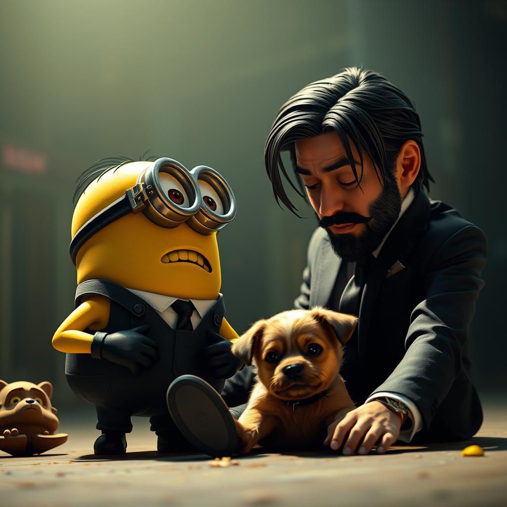 Minion John Wick with Puppy, Cinematic Lighting