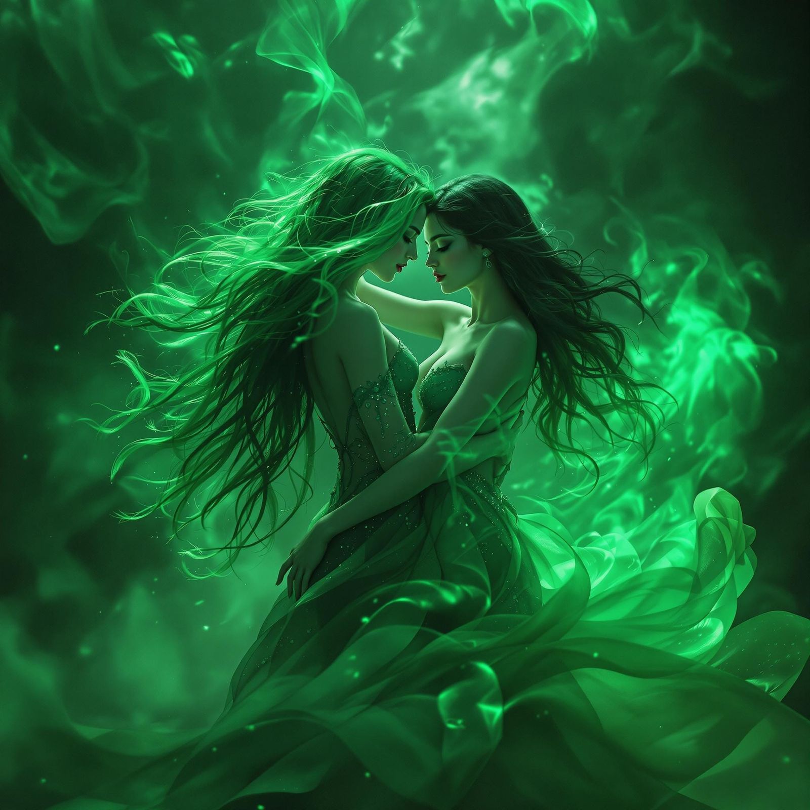 Ethereal Witch Dances Amidst Green Mists in Baroque Style