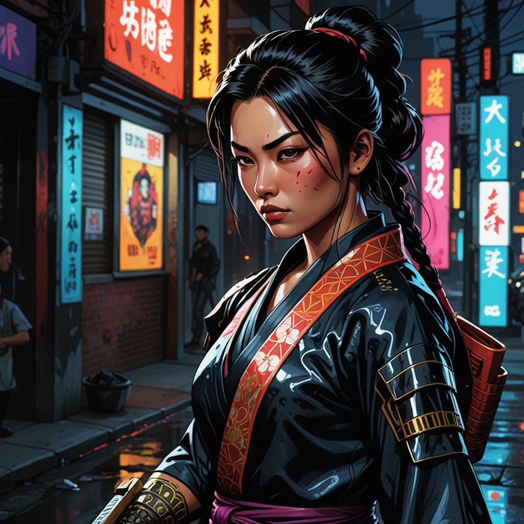 Samurai Woman in Neon City
