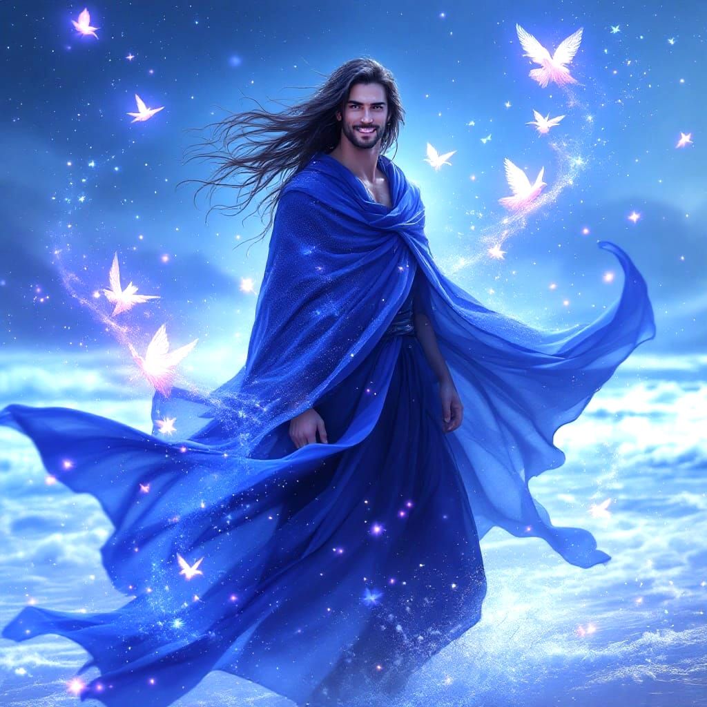 Ethereal Fantasy Male Figure on Beach with Sparkling Fairies...