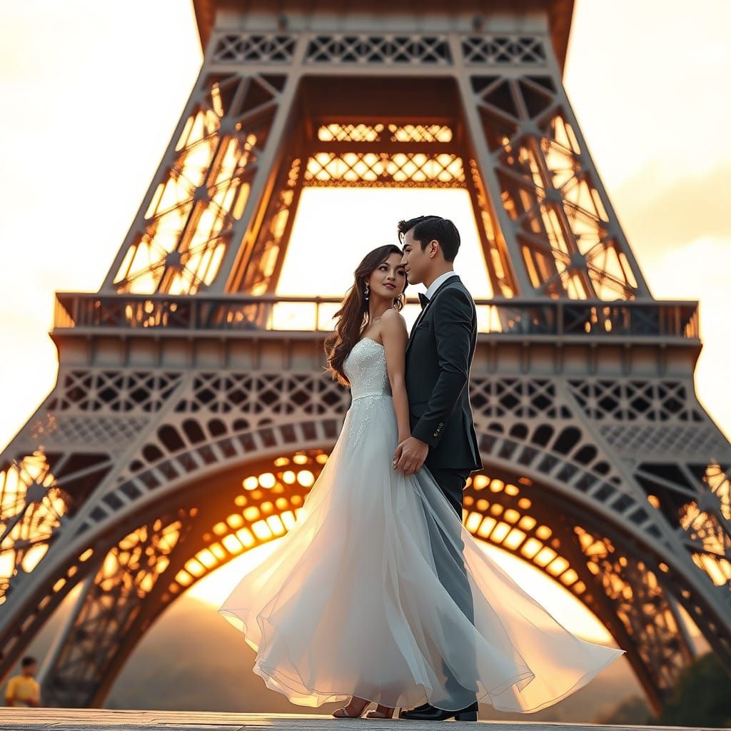 Elegant Couple Under Golden Eiffel Tower