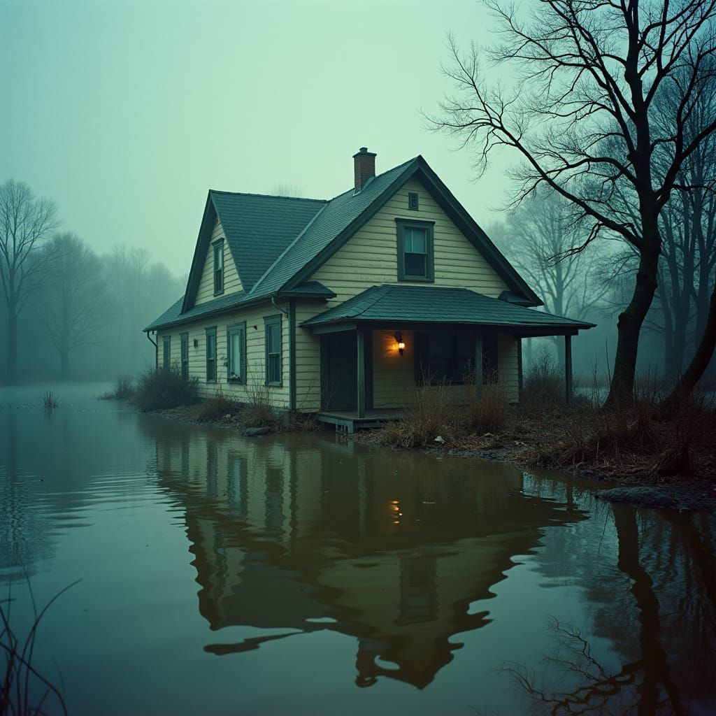 Flooded House in Murky Waters: Cinematic Disaster Scene