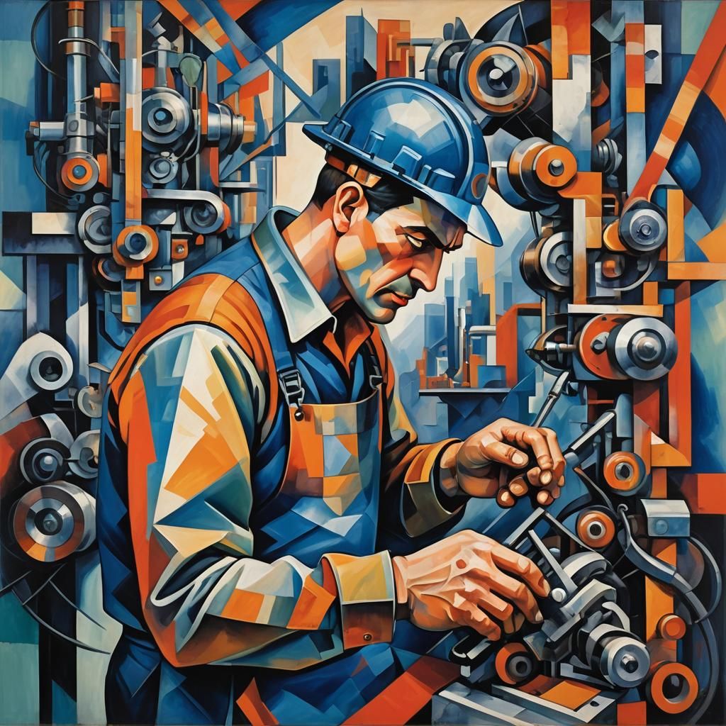 Cubist Construction Worker Portrait in Geometric Style