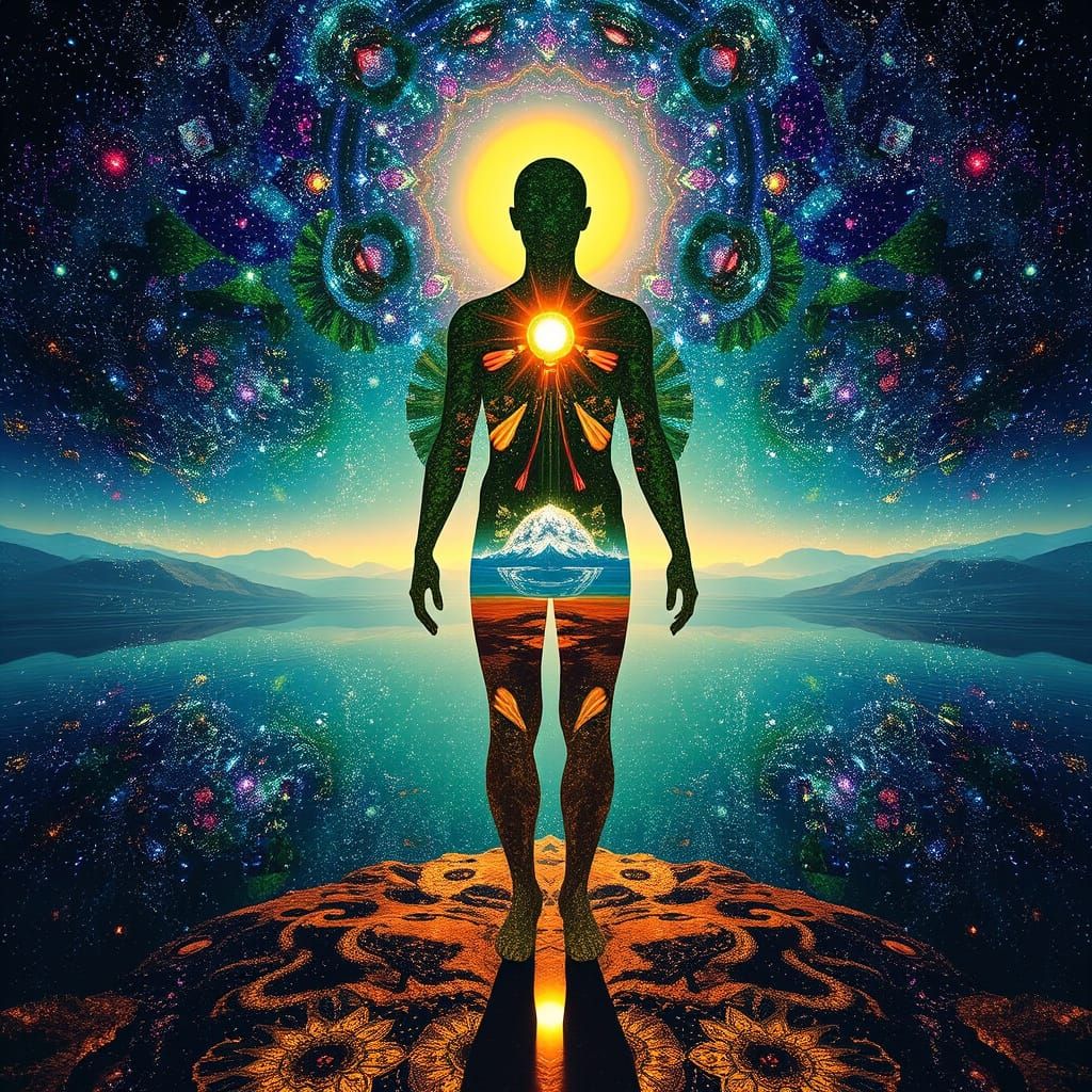 Fractal Human in Kaleidoscopic Landscape, Psychedelic Art