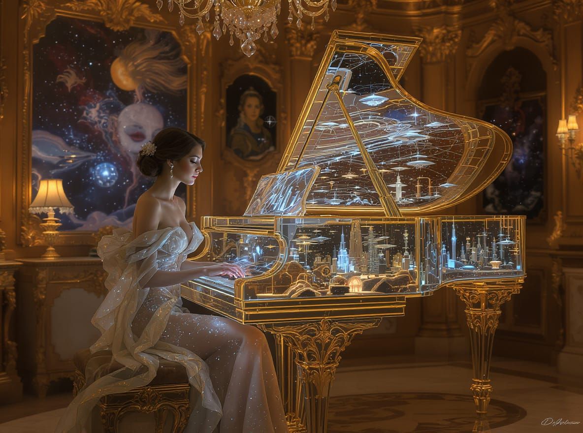 Woman Plays Sci-Fi Glass Piano with Miniature Worlds