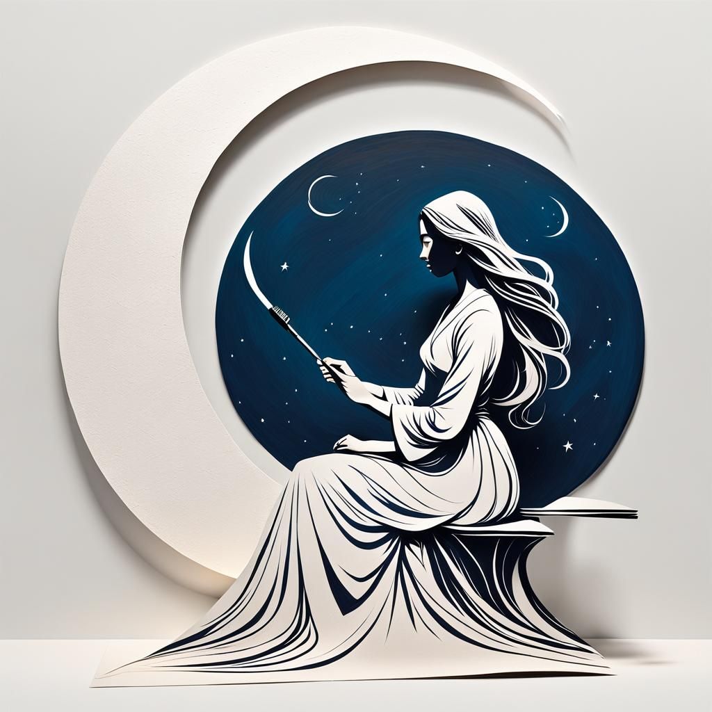 Woman Painting Cosmic Crescent Moon in Silhouette
