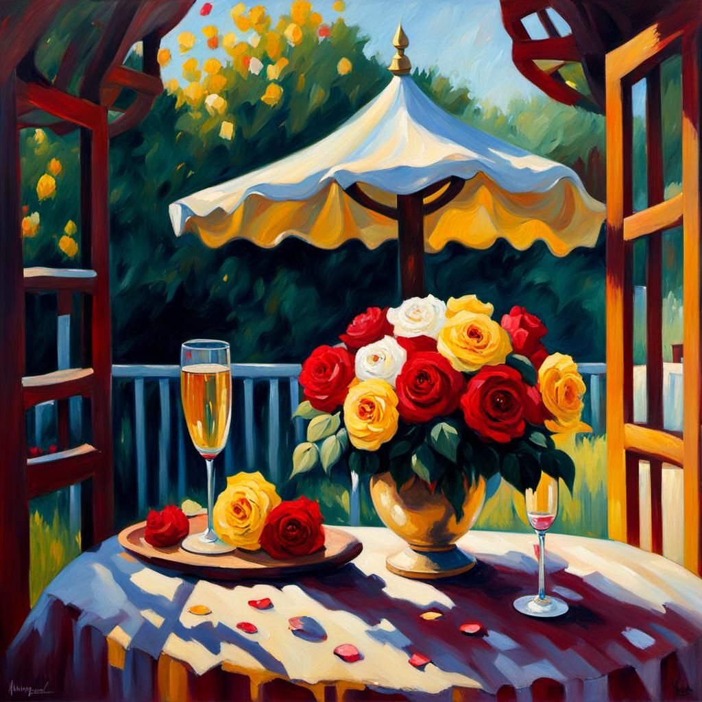 Gazebo with Roses: Neo-Impressionist Oil Painting