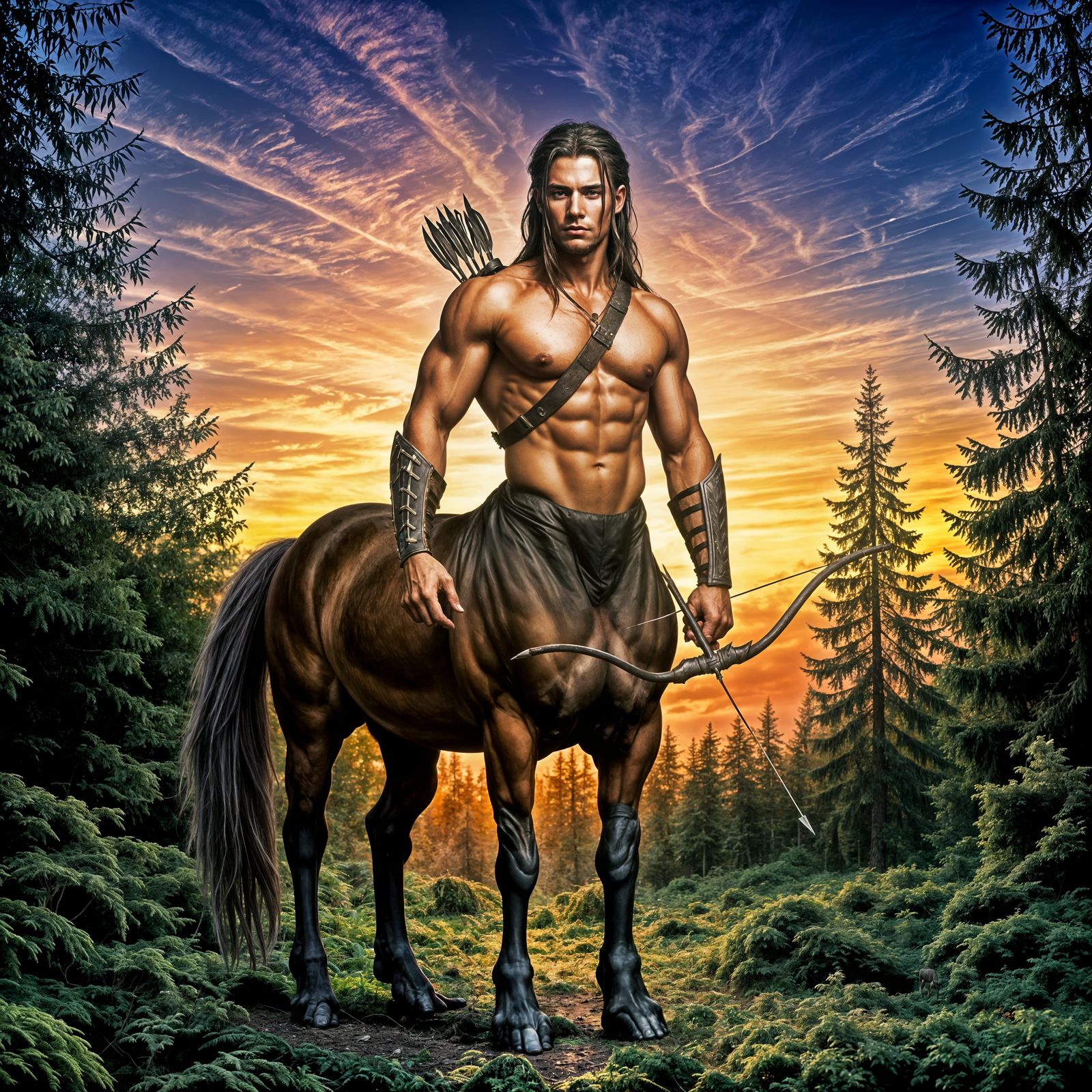 Majestic Centaur Archer in Sunset Forest Clearing