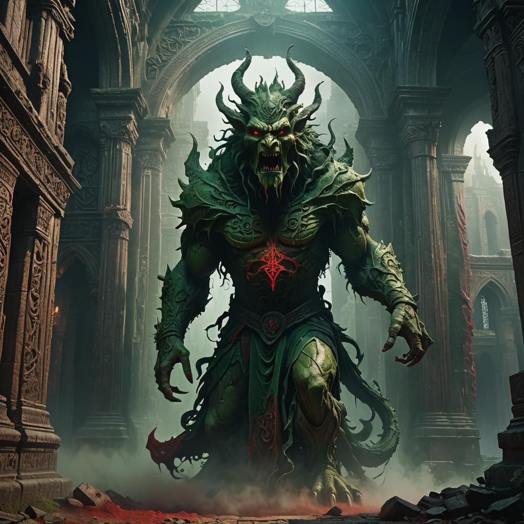 Grotesque Creature Emerges in Dark Fantasy Cathedral