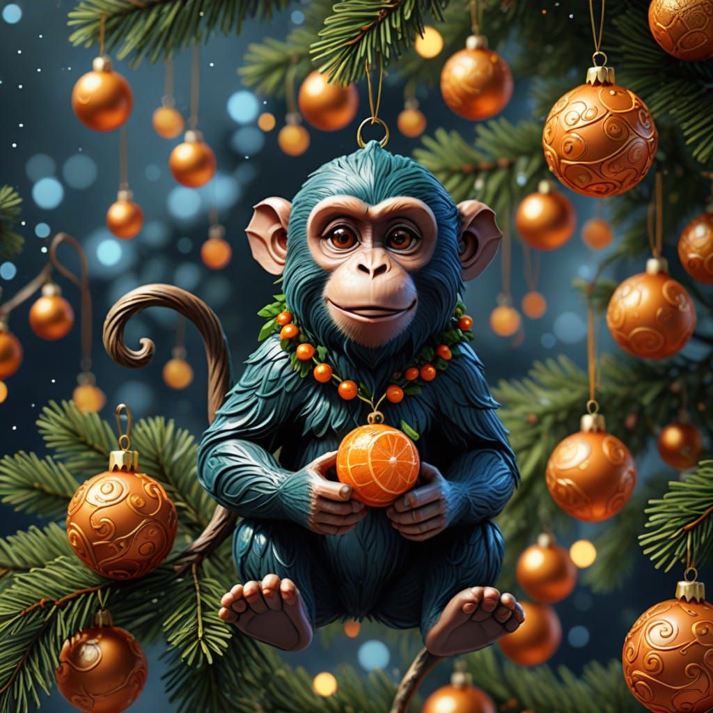 Fantastical Monkey Ornament on a New Year's Branch in Vibran...