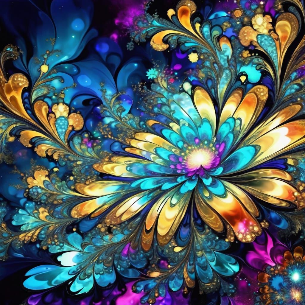 Vibrant Cosmic Flower Blooms in Fractal Patterns